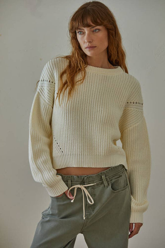 Knit Sweater Crew Neck Long Sleeve Pullover Top: Ivory