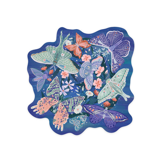 Luminous Butterflies, Blue with Flowers:STICKERS