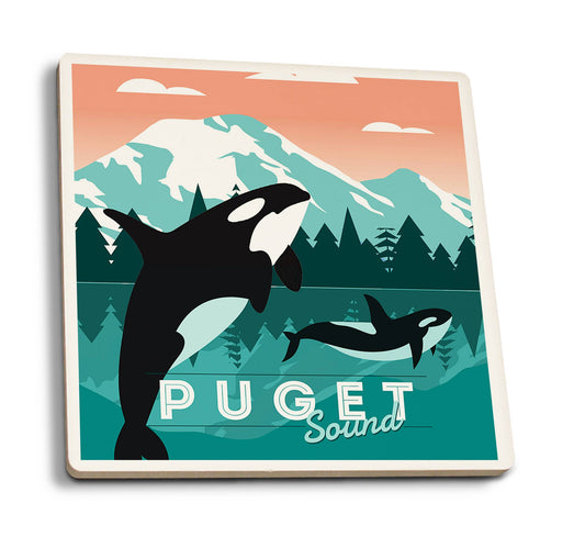 CERAMIC COASTER Puget Sound, Orca Whale & Calf
