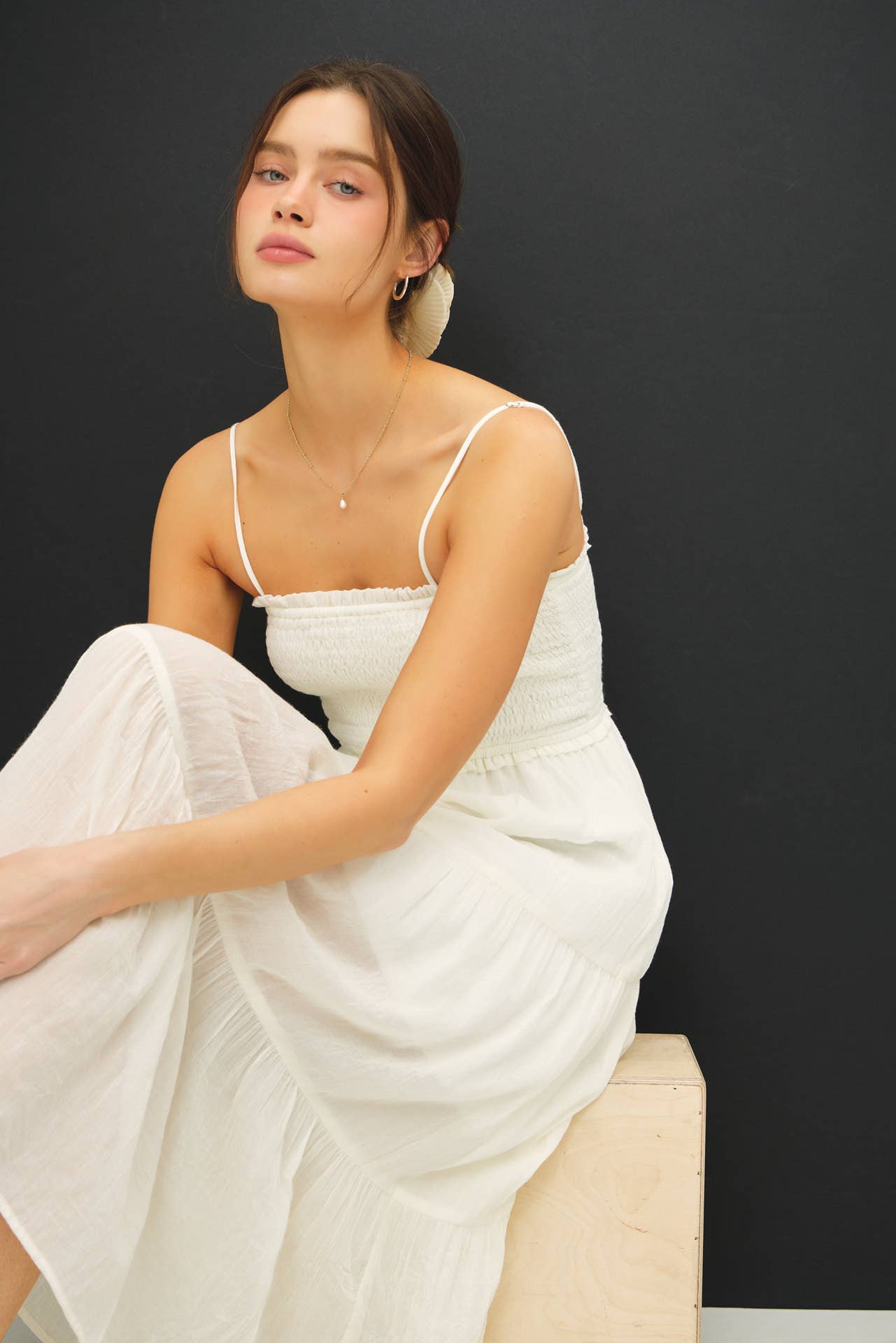 SHEER MIDI DRESS W/ SMOCKED BODICE