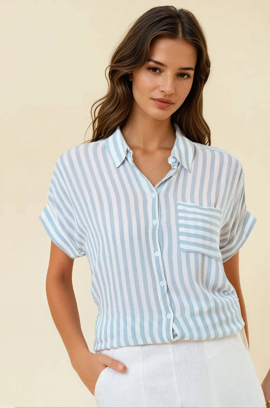 Striped Short Sleeve Shirt With Rolled Cuffs - 41321T