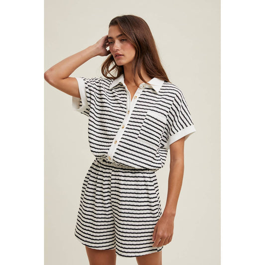 STRIPED BUTTON-UP ROMPER - BLACK/OFF WHITE