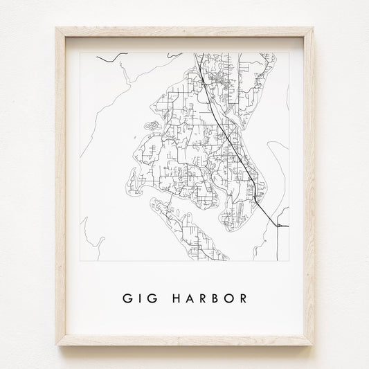 Gig Harbor Washington b/w Map Drawing ART PRINT: 11 x 14