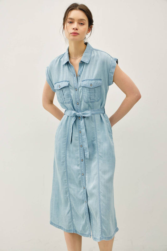 MIDI DENIM LOOK BELTED BUTTON DOWN SHIRTDRESS