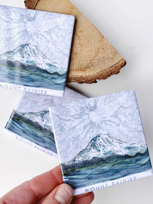 MOUNT RAINIER Magnet Painting + Map - Metal Magnet