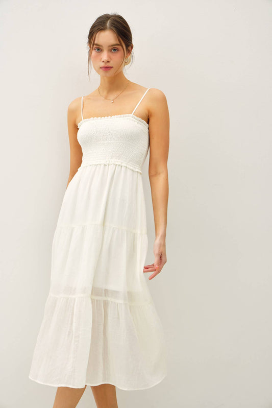 SHEER MIDI DRESS W/ SMOCKED BODICE