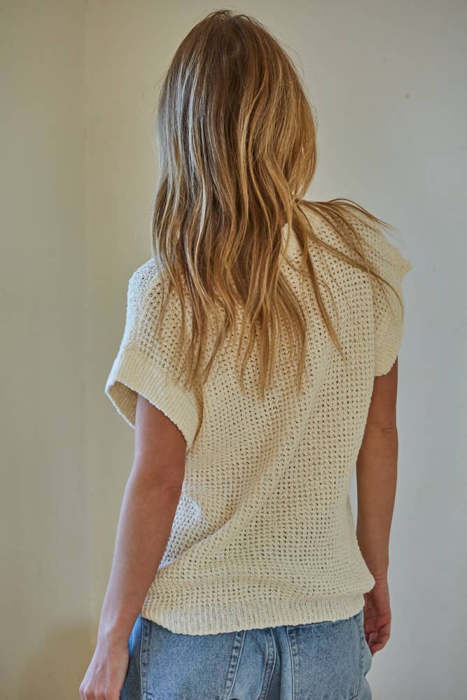 Knit 100% Cotton Sweater Short Sleeve Crew Neck Top: Cream