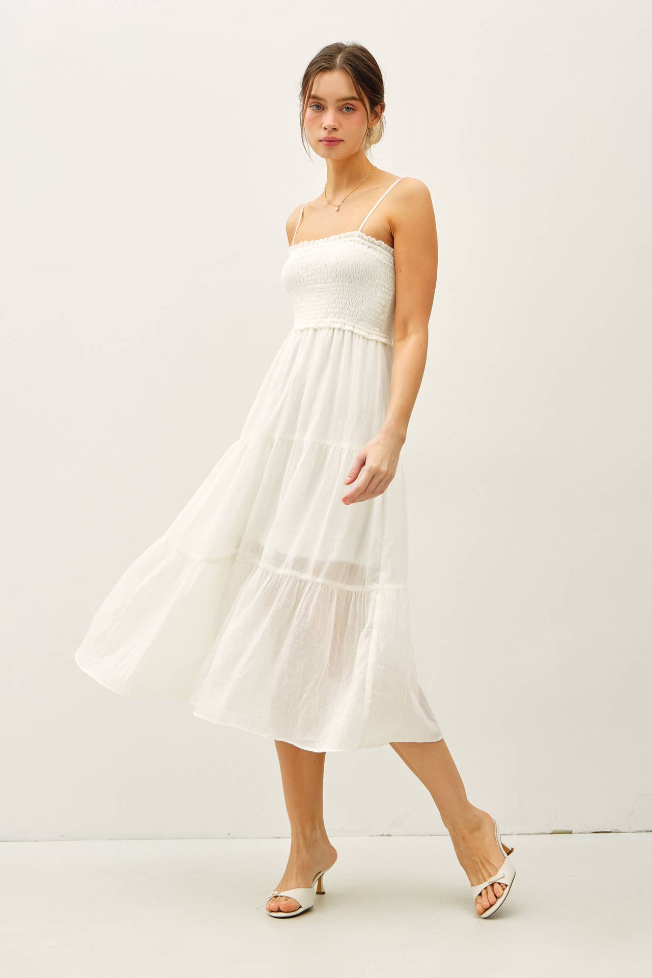 SHEER MIDI DRESS W/ SMOCKED BODICE