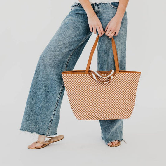 Woven Tiffany Organizer Tote Bag: Checkered Brown