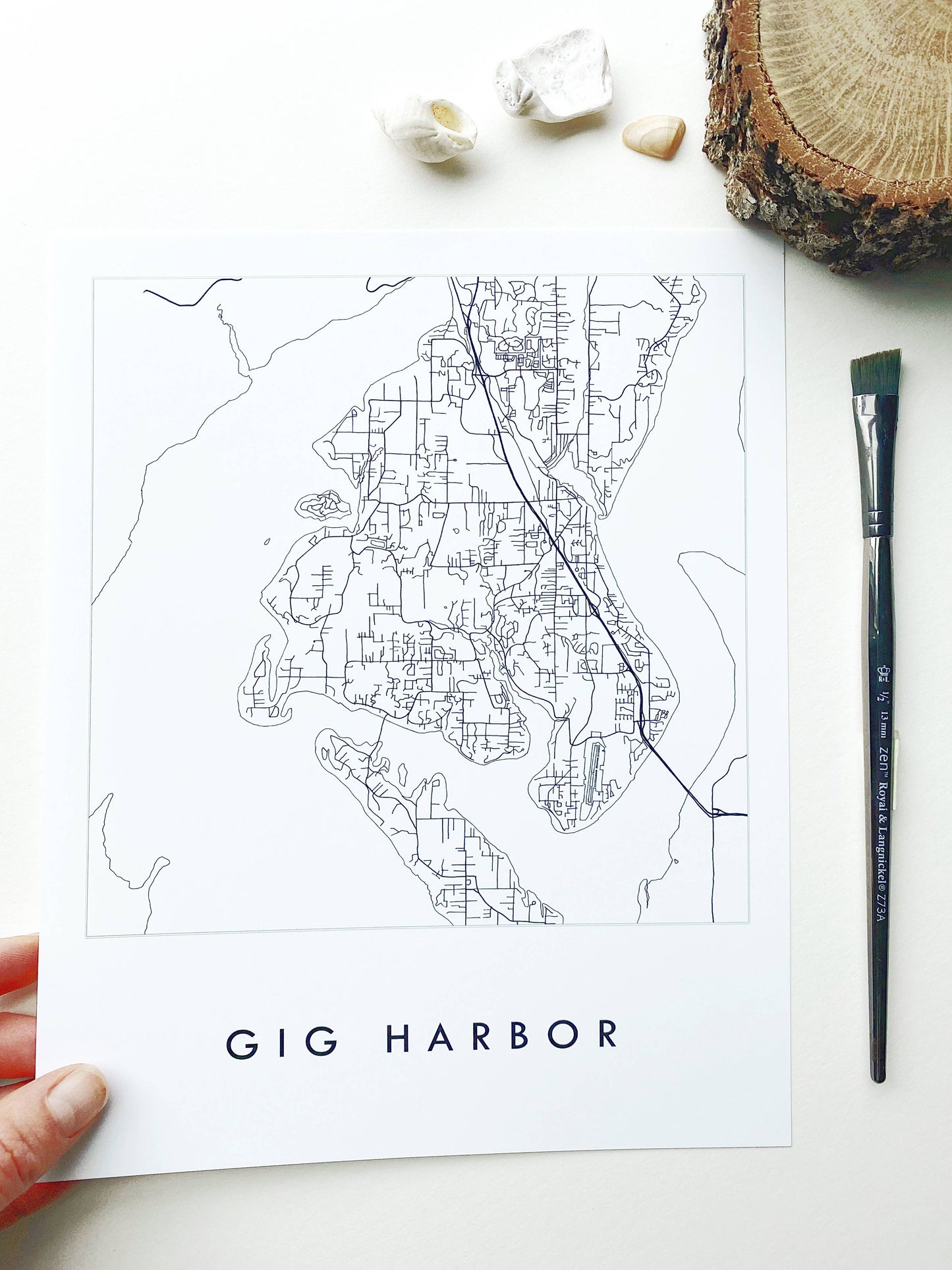 Gig Harbor Washington b/w Map Drawing ART PRINT: 11 x 14