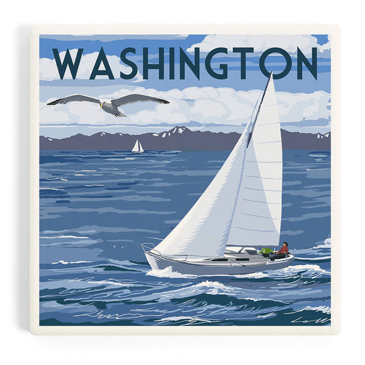 CERAMIC COASTER Washington, Sloop Sailboat & Lake