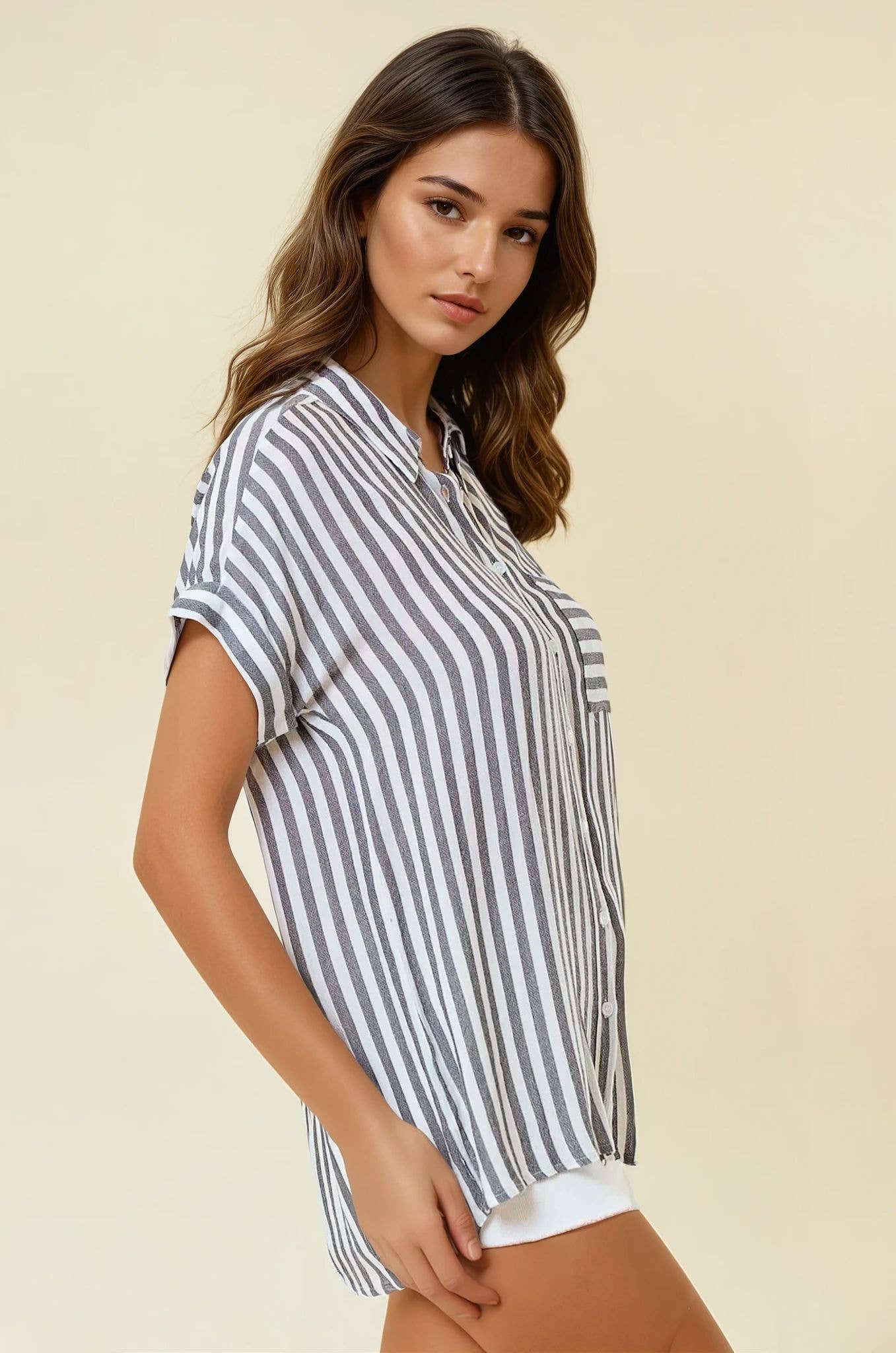 Striped Short Sleeve Shirt With Rolled Cuffs - 41321T