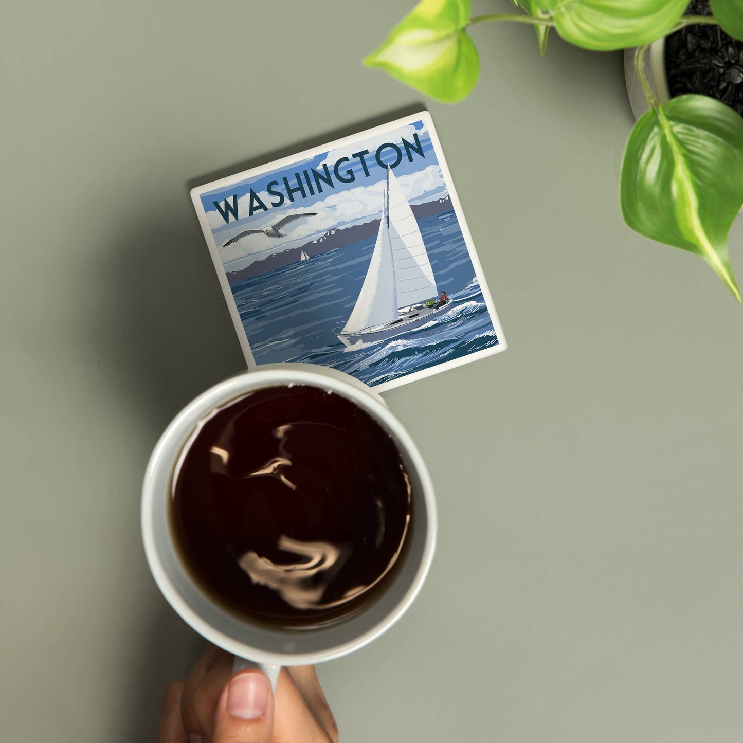 CERAMIC COASTER Washington, Sloop Sailboat & Lake