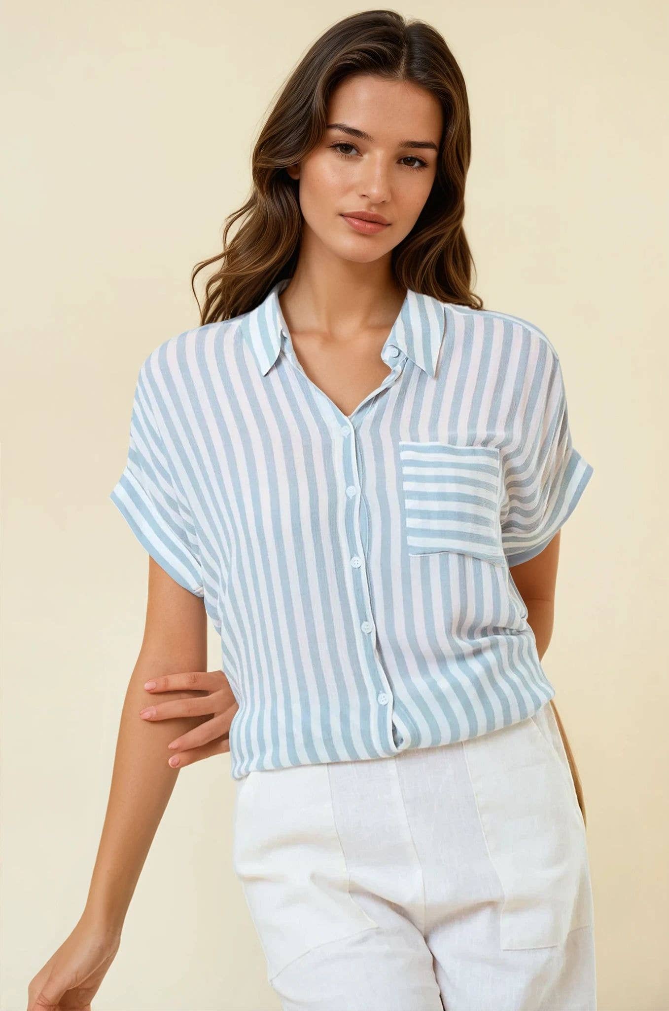 Striped Short Sleeve Shirt With Rolled Cuffs - 41321T