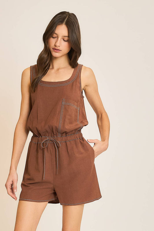 STITCH CONTRAST ROMPER WITH DRAWSTRING - CHOCOLATE
