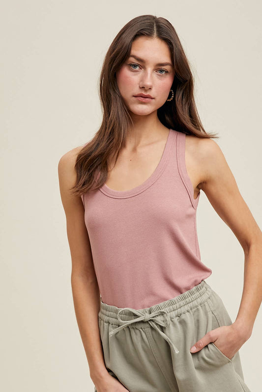 BASIC SCOOP NECK RIBBED KNIT TANK - GINGER