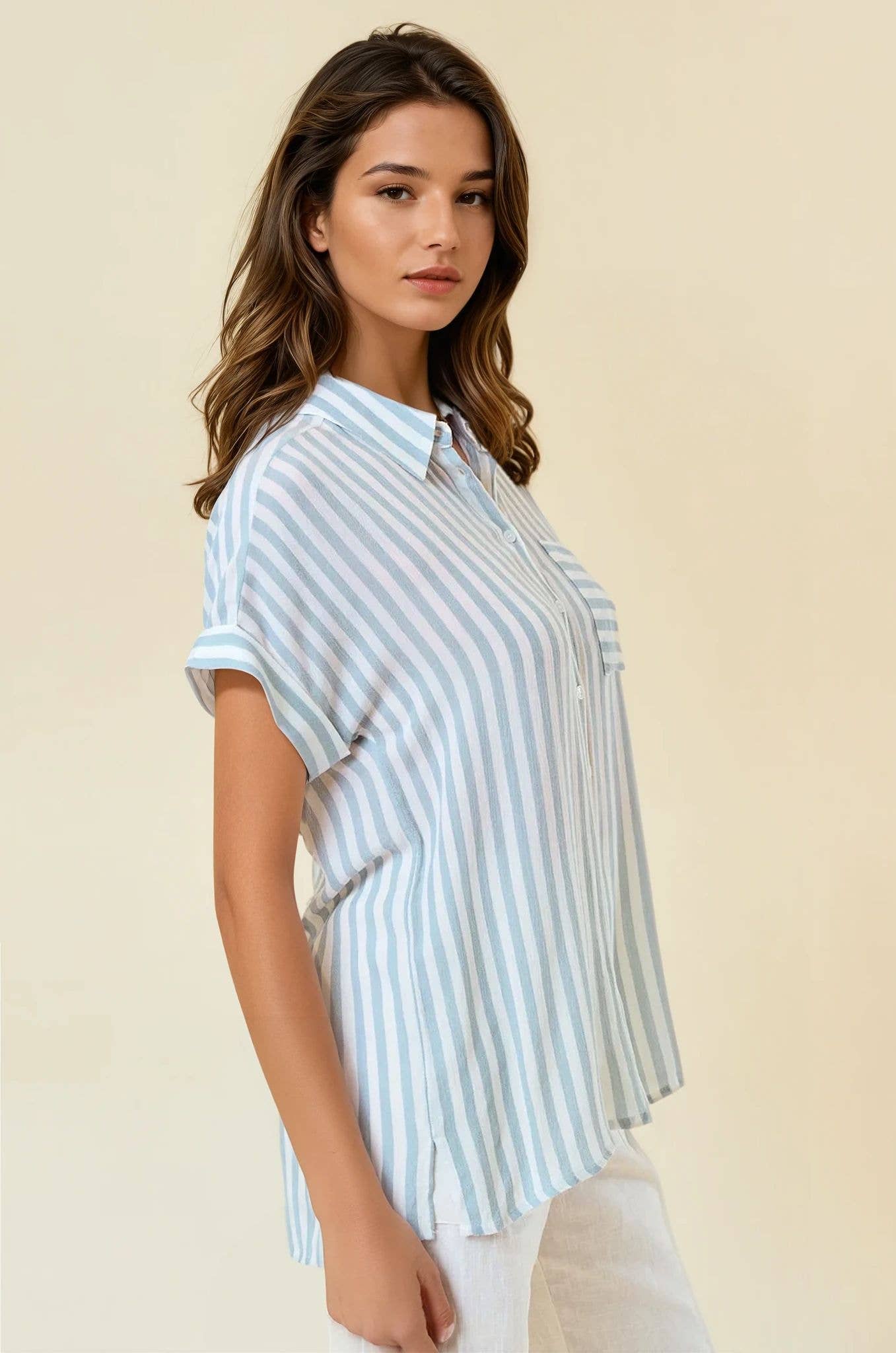 Striped Short Sleeve Shirt With Rolled Cuffs - 41321T