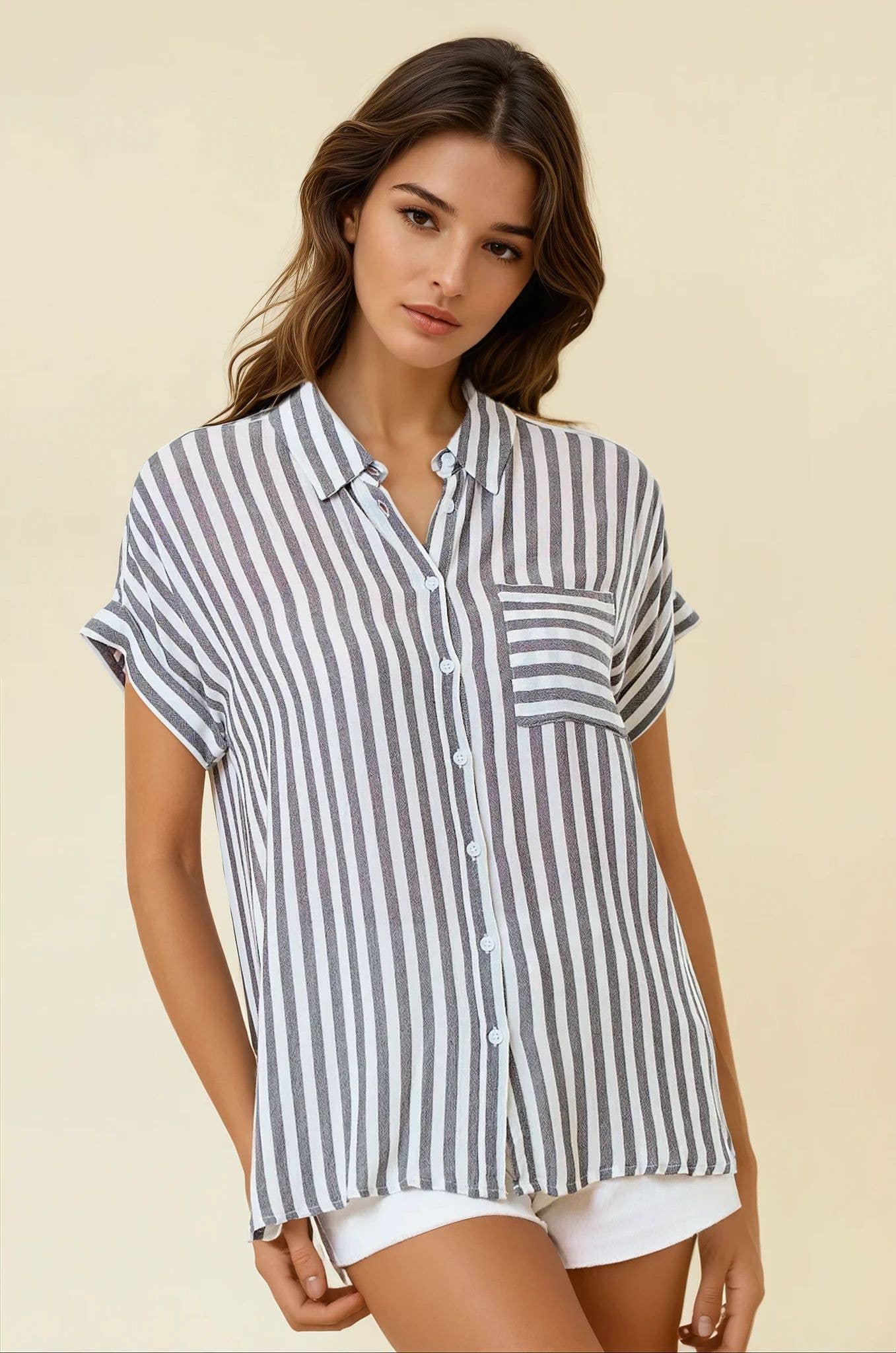 Striped Short Sleeve Shirt With Rolled Cuffs - 41321T