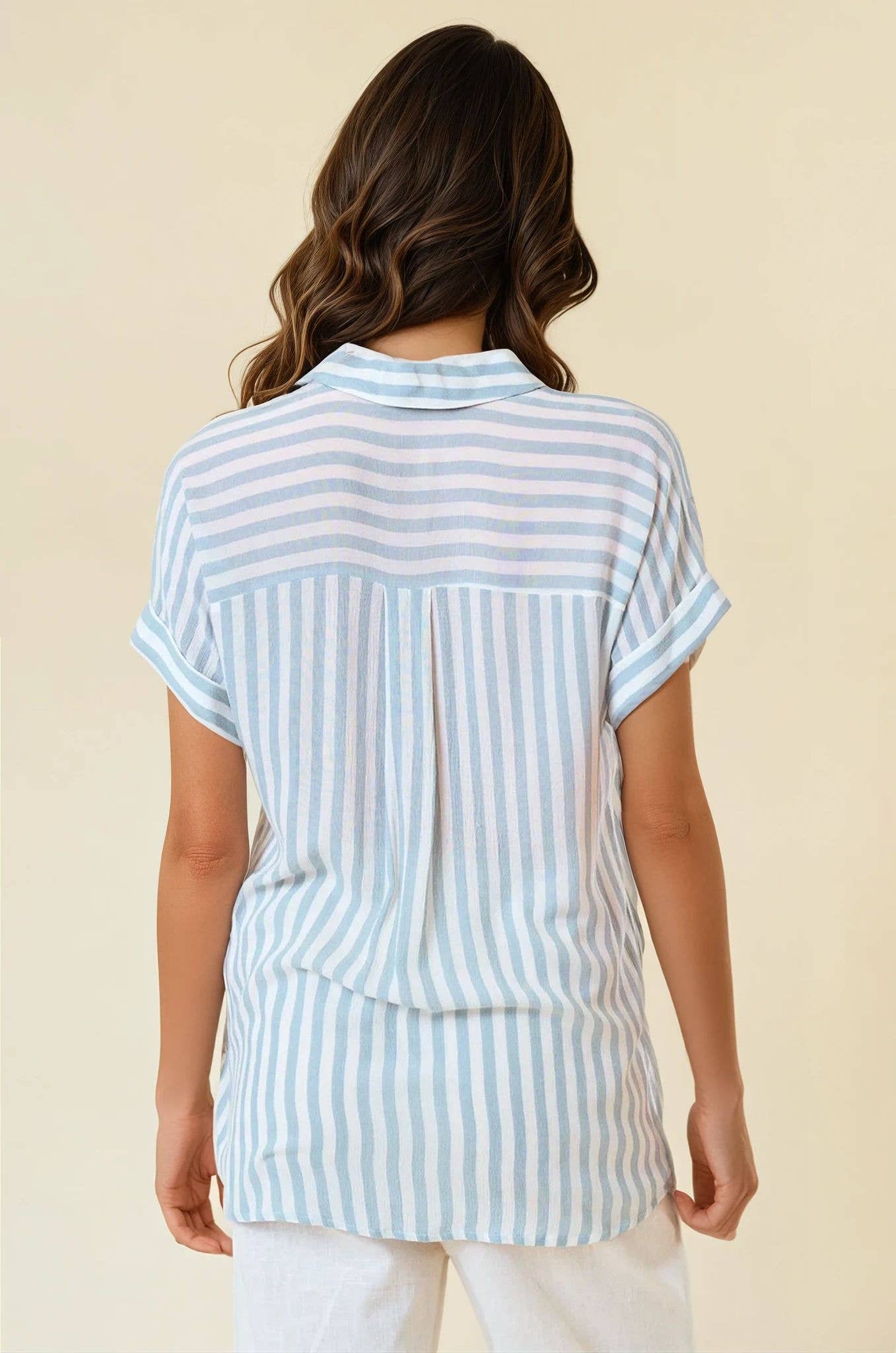 Striped Short Sleeve Shirt With Rolled Cuffs - 41321T