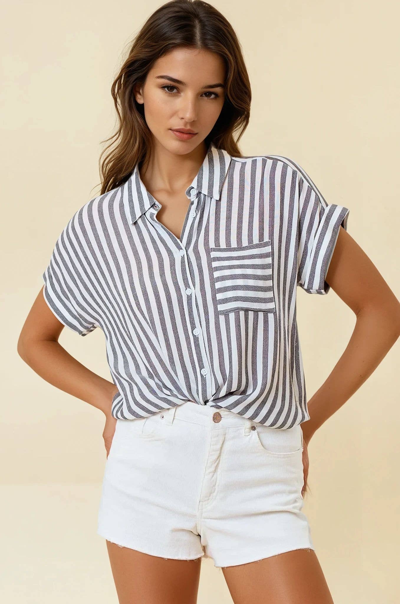 Striped Short Sleeve Shirt With Rolled Cuffs - 41321T