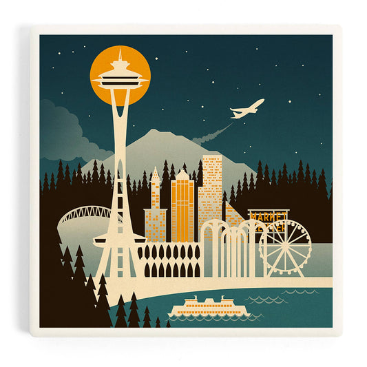 Ceramic Coaster Seattle, Washington Retro Skyline