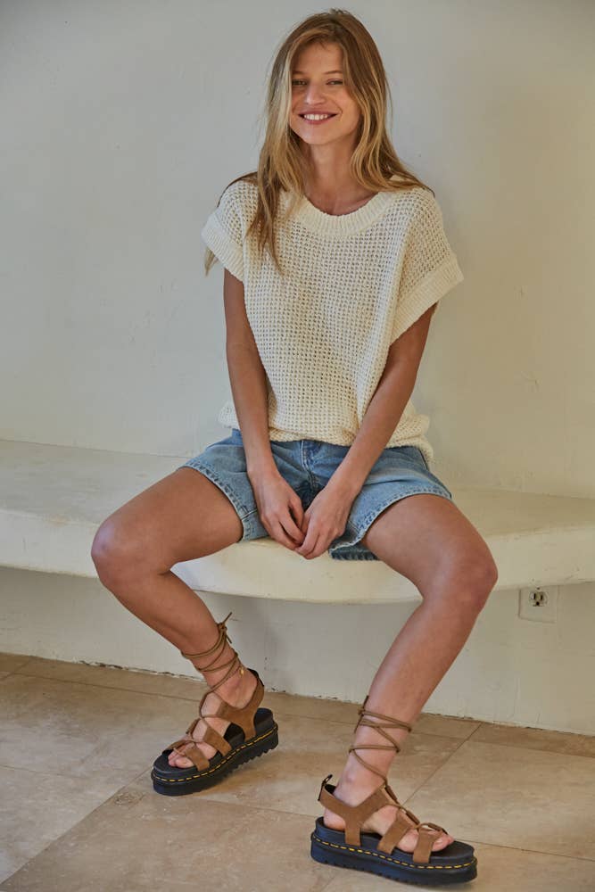 Knit 100% Cotton Sweater Short Sleeve Crew Neck Top: Cream