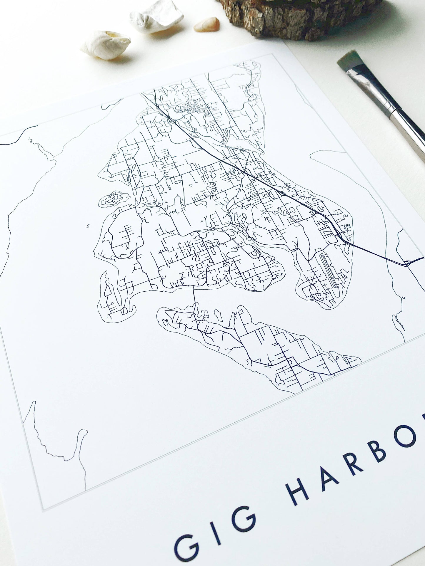 Gig Harbor Washington b/w Map Drawing ART PRINT: 11 x 14