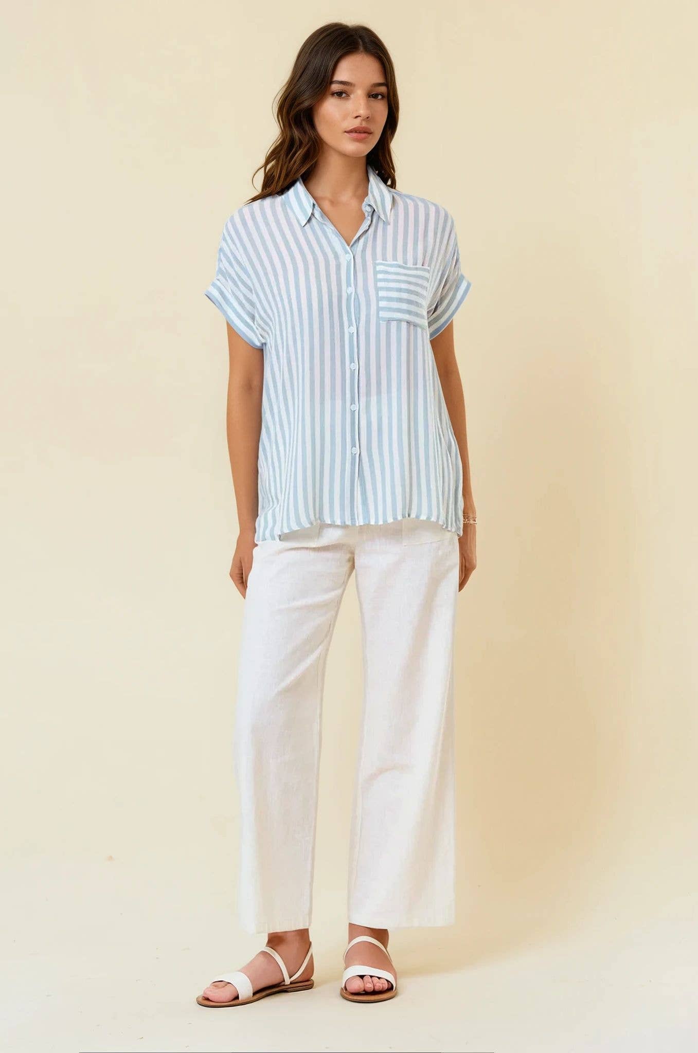 Striped Short Sleeve Shirt With Rolled Cuffs - 41321T