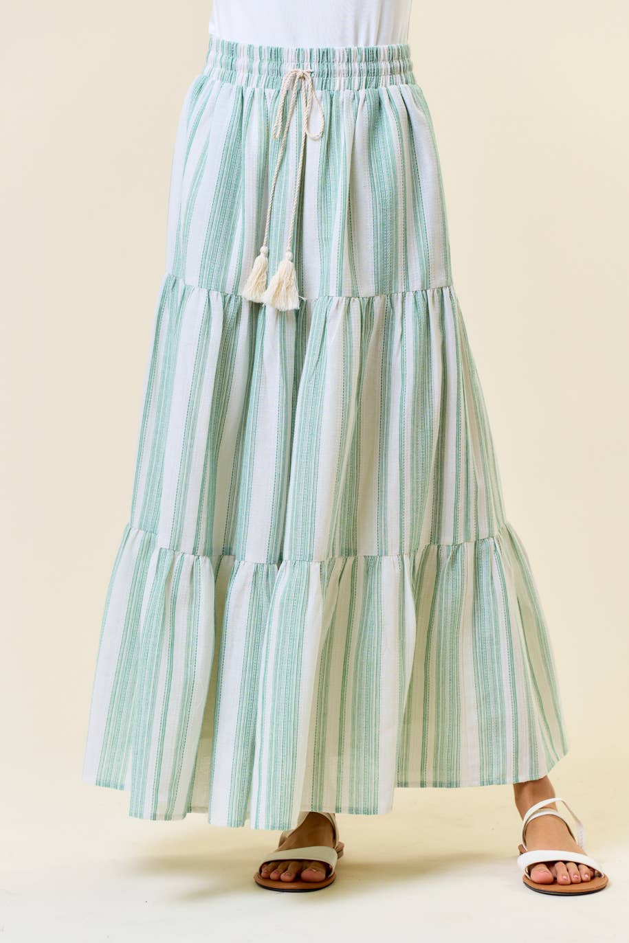 Cotton Striped Elastic Waist Tiered Maxi Skirt - 6541S
