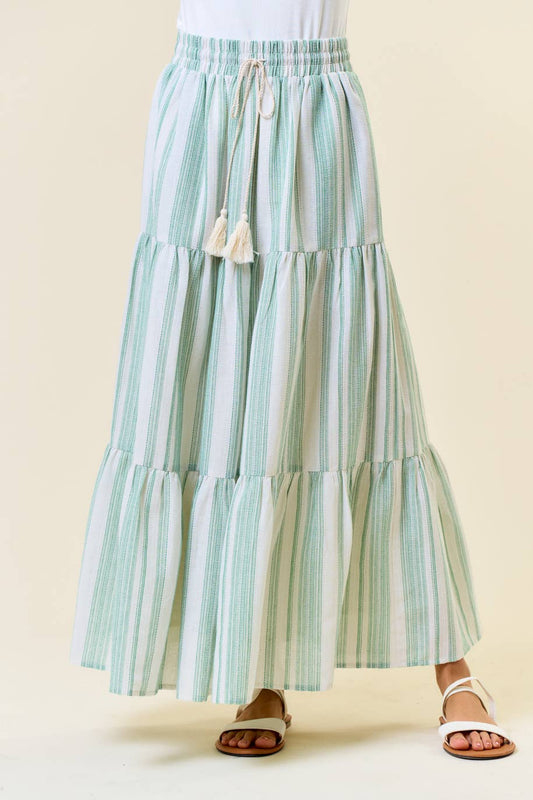 Cotton Striped Elastic Waist Tiered Maxi Skirt - 6541S