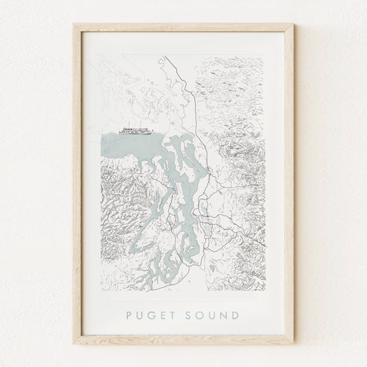 13x19 Puget Sound Topo Watercolor Map ART PRINT