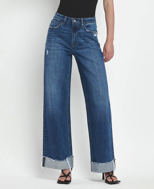 SUPER HIGH RISE CUFFED BAGGY WIDE JEANS T6614: BRILLIANCE, 28