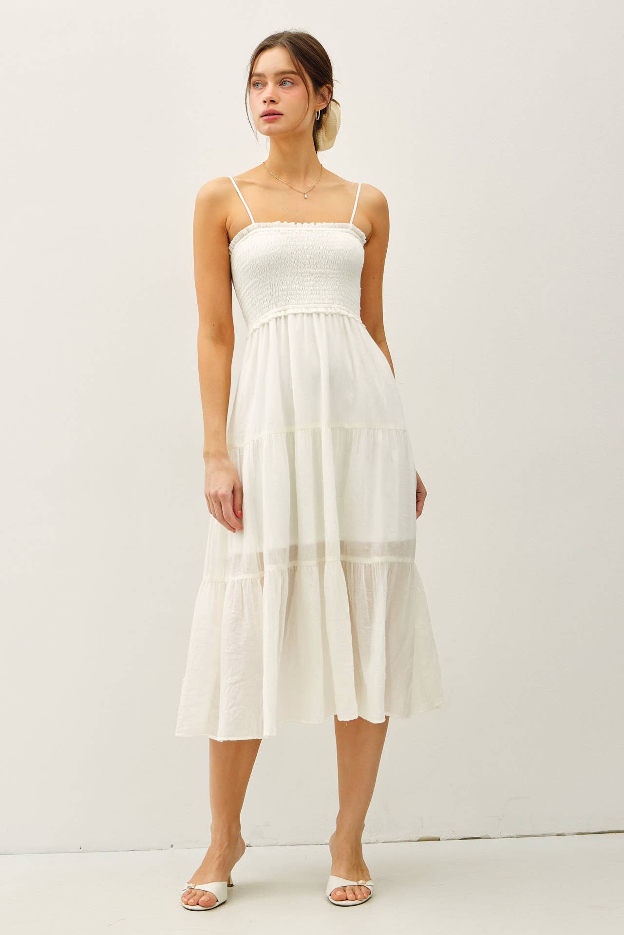 SHEER MIDI DRESS W/ SMOCKED BODICE