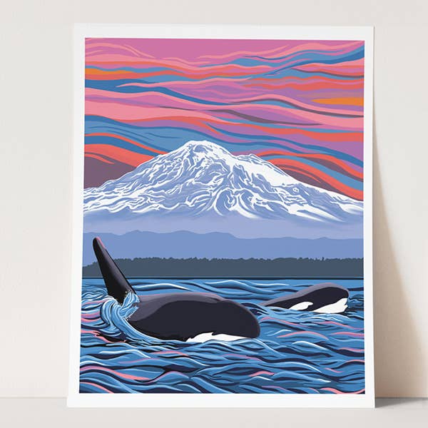 Orca - Ballet Slipper - Mom/Calf Swimming Art Print  8x10