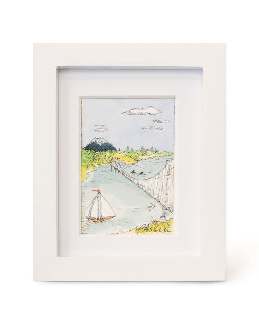 4 x 5" Framed Art Original Watercolor - Sailing