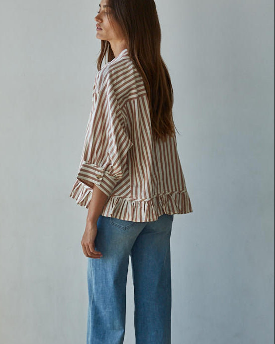 Striped Ruffle Hem Button-Up