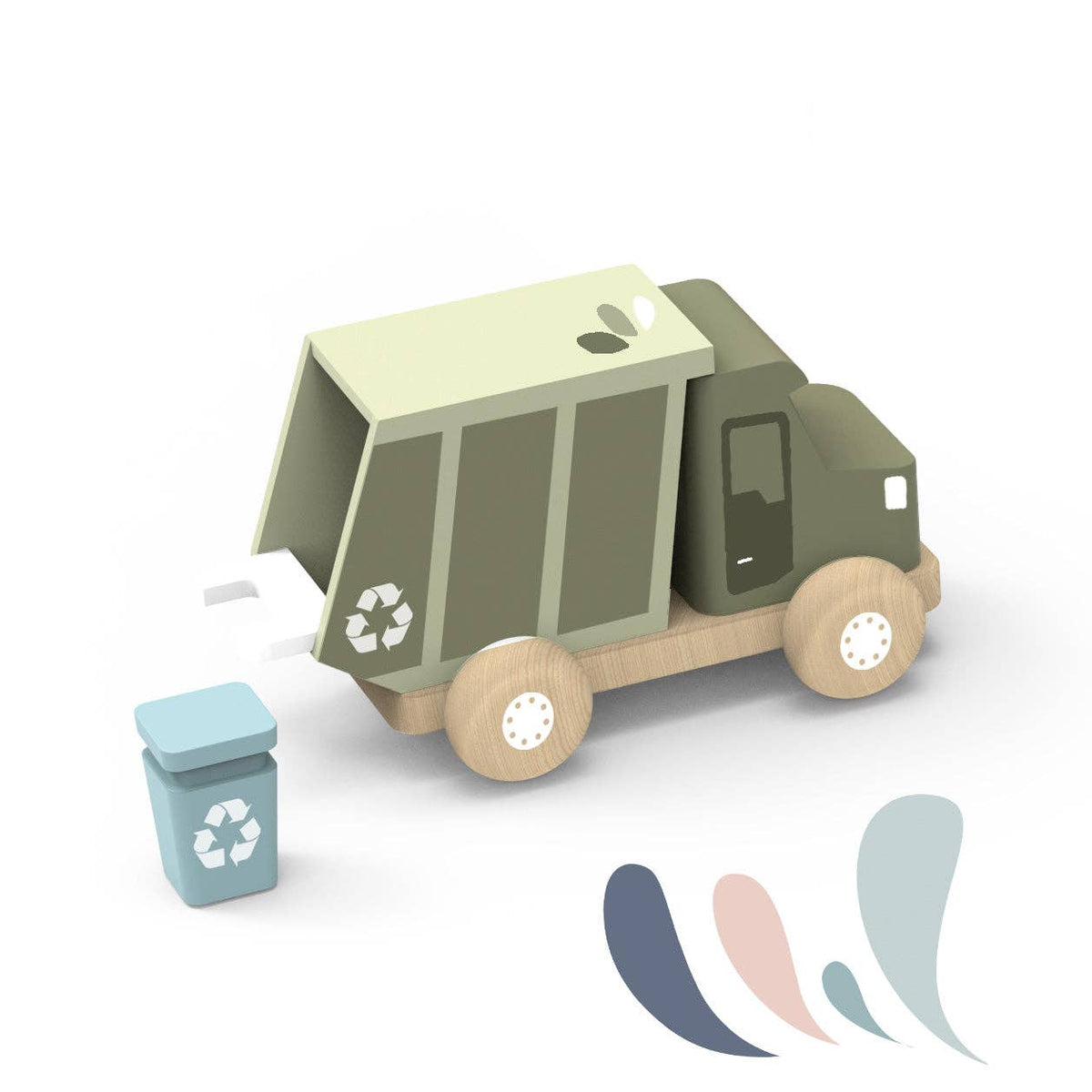 A stylized wooden toy garbage truck with a light blue recycling bin and four abstract color swatches on a white background.